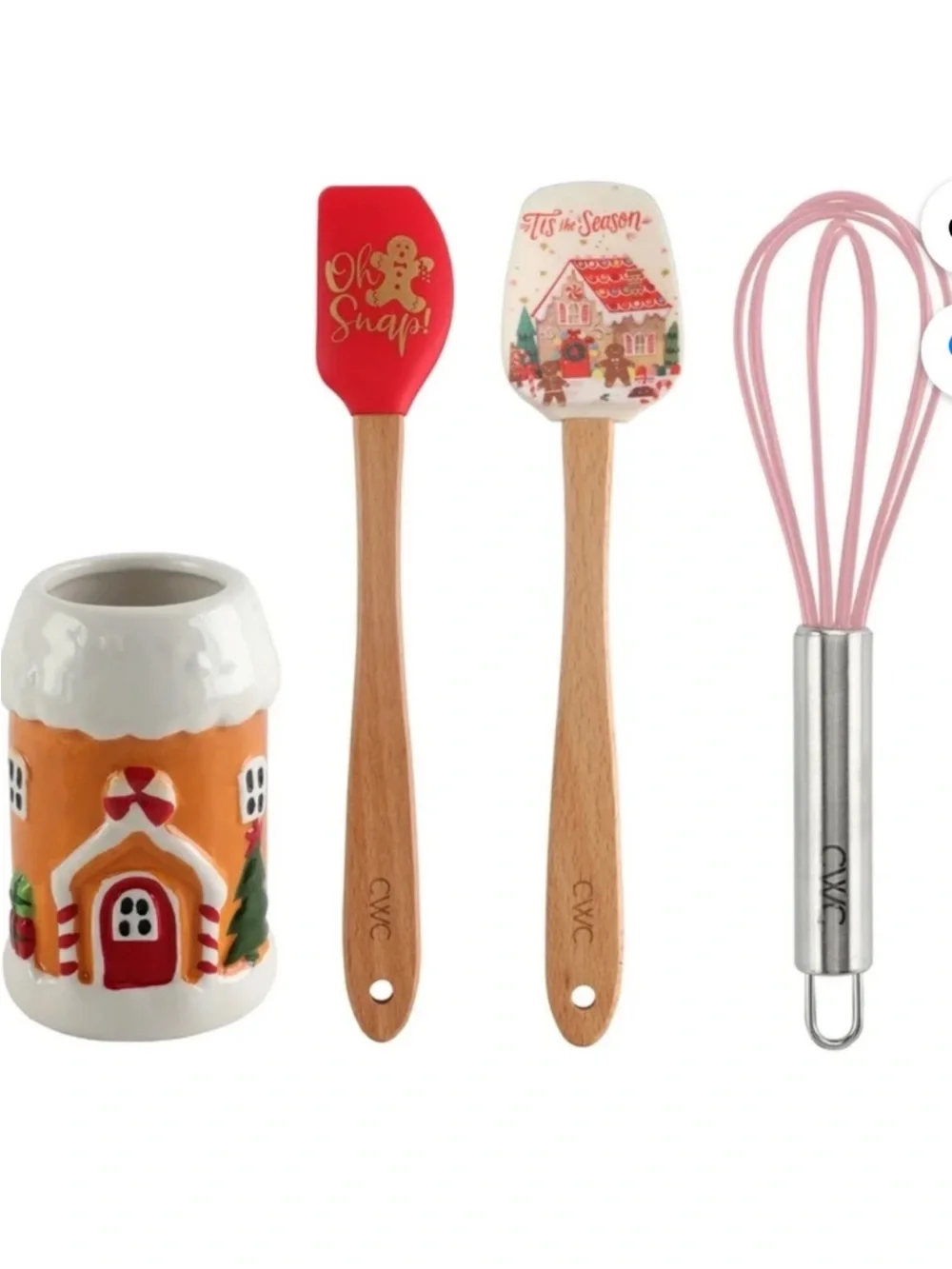 Ceramic Gingerbread House Utensil Holder with Pink Silicone Whisk